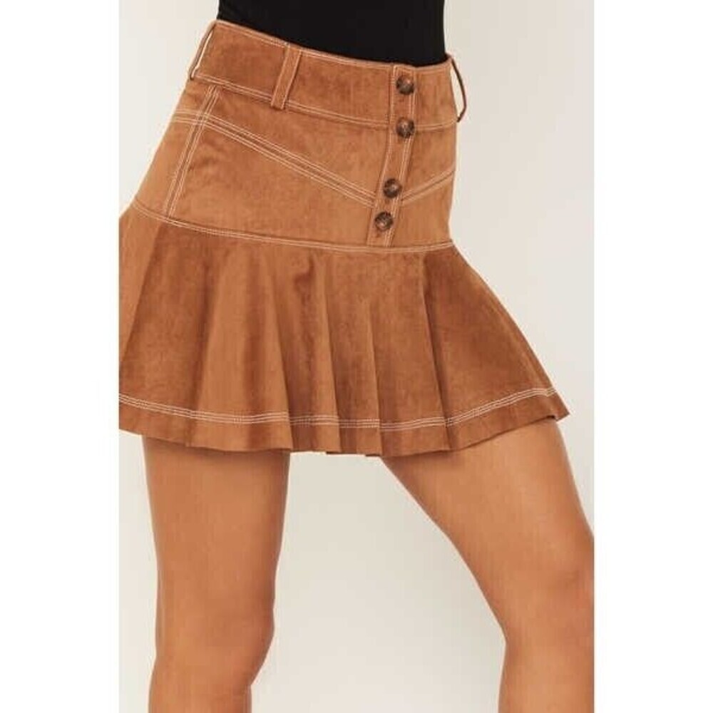 Shyanne Women's Faux Suede Ruffle Skirt‎ Brown Large Solid Button Belt Loops
